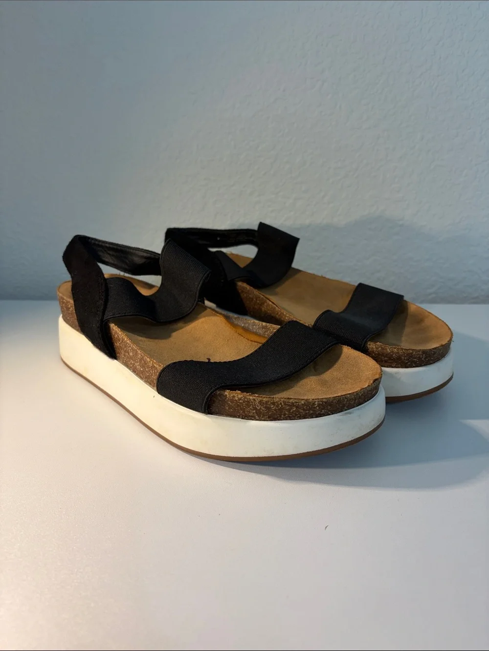 Black Elastic Strap Platform Sandals with White Sole - Picture 1 of 3